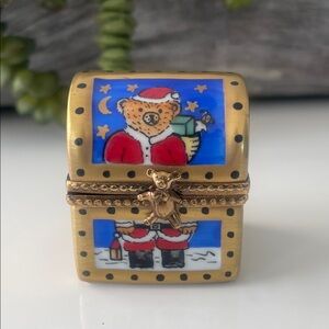 Vintage French Limoges Hand Painted Christmas Themed Trinket Box + Bear Enclosed